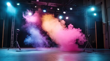 Poster - Smoke bomb emitting colorful smoke in a dark room creating a dramatic visual atmosphere