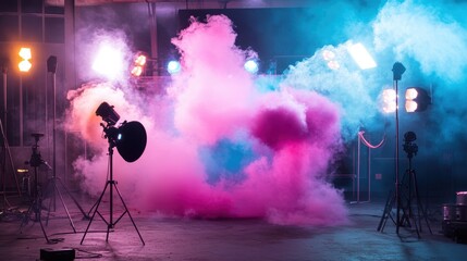 Aufkleber - Pink and blue smoke bomb in a room creating a colorful atmosphere and artistic effects