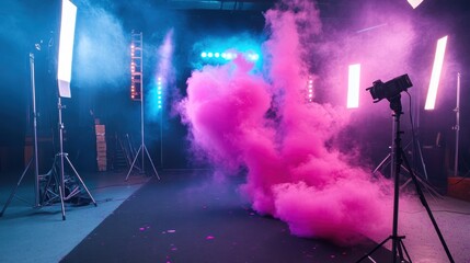 Poster - pink smoke bomb placed on a tripod against a neutral background for creative photography