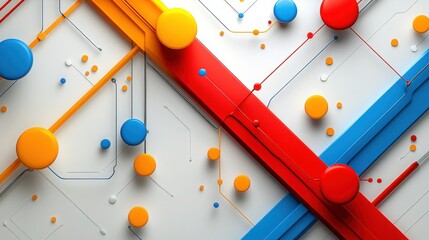 Poster - Abstract Colorful Lines and Circles Creating Modern Geometric Background for Technology, Design, and Creative Projects with Bright Yellow, Red, Blue and White Elements