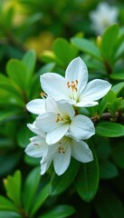 Wall Mural - Delicate white azalea blooms unfolding on a lush green shrub, plant, white azalea, flora