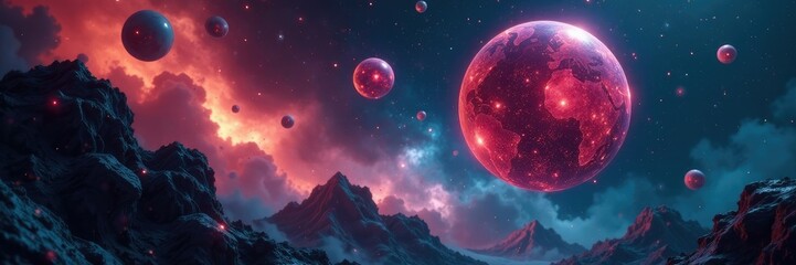 Wall Mural - glowing sphere suspended in space amidst sleek metallic spaceships, futuristic, galaxy