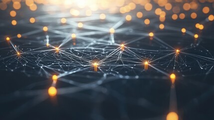 Fototapete - Futuristic Abstract Image of Network Connections with Glowing Points on a Dark Background, Symbolizing Technology, Communication, and Data Flow in a Digital World