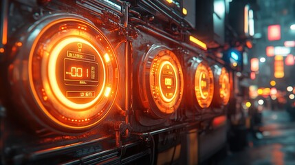 Fototapete - Futuristic Neon Control Panel with Glowing Circular Interfaces and Digital Displays in a High-Tech Urban Setting at Night