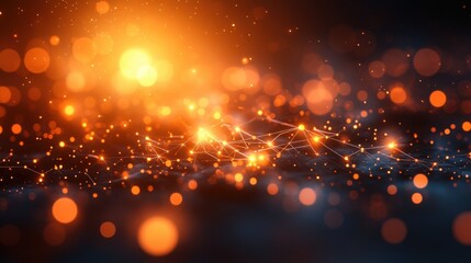Poster - Glowing Abstract Background with Sparkling Particles and Light Effects in Warm Shades of Orange and Yellow Creating a Sense of Depth and Movement in a Digital Landscape