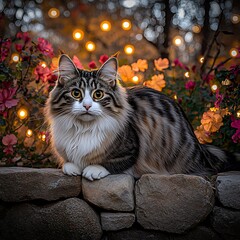 Poster - Majestic cat garden night lights poster