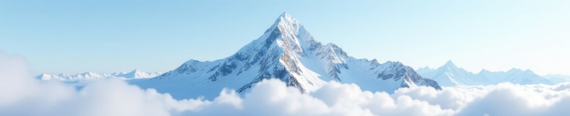 Wall Mural - Snowy mountain peak rises high in the sky, soft white clouds surround, nature, natural, snow