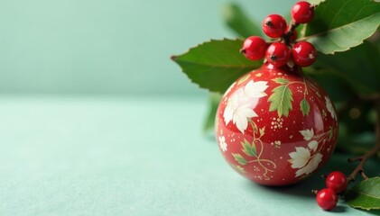 Wall Mural - Vintage ceramic ball with red berries and green leaves, festive, vintage, ornament