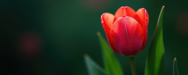 Wall Mural - Water droplets clinging to a velvety tulip petal on a dark green leafy stem, green, flowers, plant