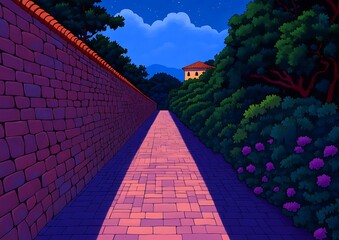 Sticker - Night garden path, brick wall, villa, stars, design