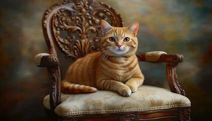 Poster - Orange cat sits antique chair, studio backdrop