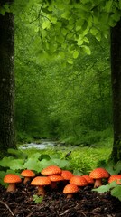 Poster - Orange mushrooms forest stream background nature scene