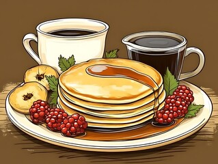 Canvas Print - Pancakes, coffee, syrup, fruit, breakfast, rustic, illustration, menu