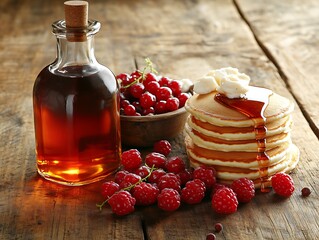 Canvas Print - Pancakes, syrup, berries, wooden table, breakfast