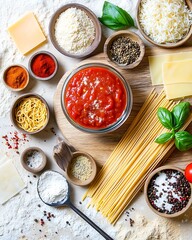 Wall Mural - Pasta sauce ingredients, kitchen table, cooking