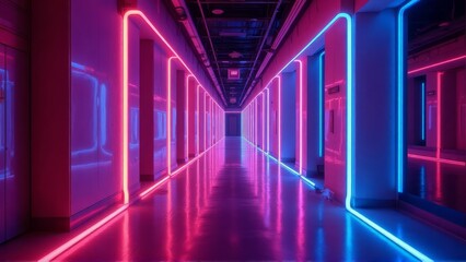 Fototapete - Neon Lit Corridor Pink And Blue Walls