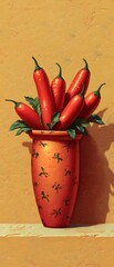 Canvas Print - Red Chili Peppers in Vase, Still Life, Orange Wall