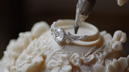 Poster - D printer producing a detailed, realistic replica of a designer ring, showing fine, intricate details.