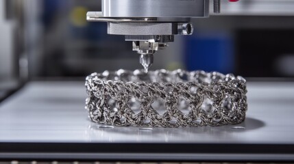 Poster - A D printer printing a complex bracelet design with small metal components gradually taking shape.