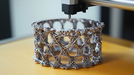 Poster - A D printer printing a complex bracelet design with small metal components gradually taking shape.