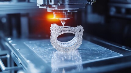 Poster - A D printing machine creating a custom ring design with detailed gemstone settings and metal layers.