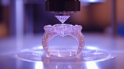Poster - A D printing machine creating a custom ring design with detailed gemstone settings and metal layers.
