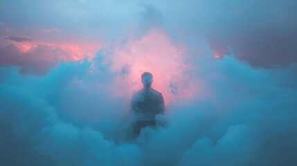 Poster - Mysterious figure emerging from colorful fog serene landscape artistic dreamlike atmosphere overhead view surrealism