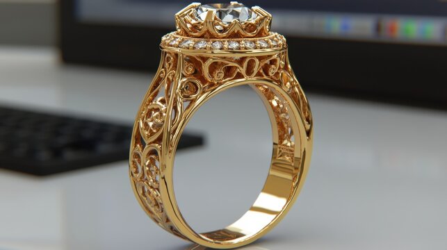 A detailed CAD model of a vintage-style engagement ring with detailed settings and prongs displayed on a monitor.