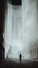 Poster - Mysterious figure walking through ethereal fog urban street digital art dreamlike atmosphere perspective surrealism