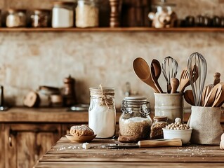 Wall Mural - Rustic kitchen baking ingredients & tools