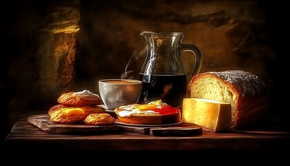 Canvas Print - Rustic Kitchen Still Life Coffee, Pastry, Cheese