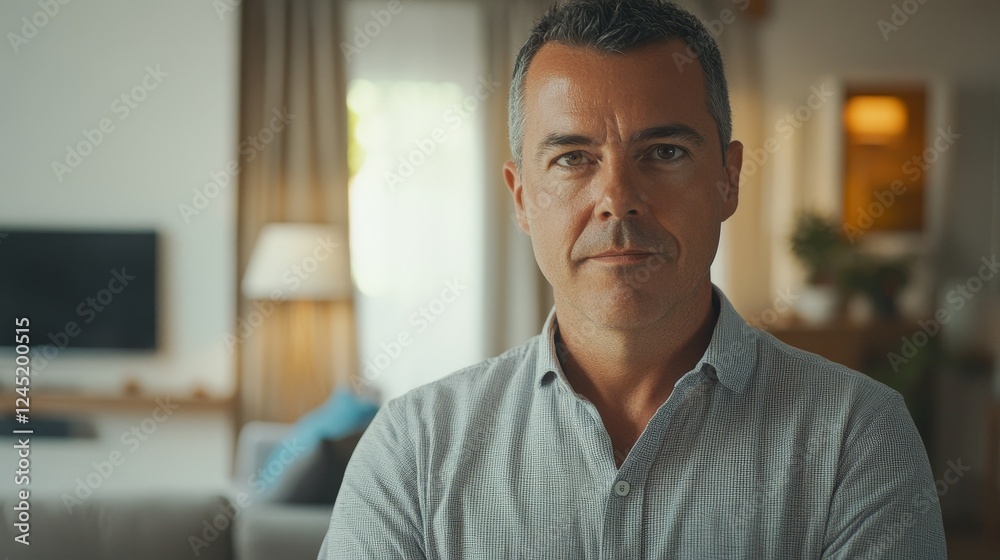 Caucasian mature male in casual attire standing in cozy living room