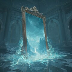 Poster - Mysterious portal emerges from water fantasy realm digital art enchanted environment dramatic angle surreal concept