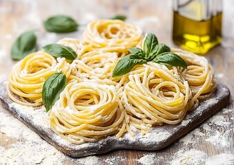 Wall Mural - Rustic wooden board, pasta nests, basil, flour, olive oil