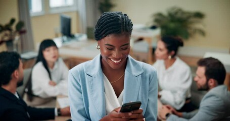 Poster - Smile, mobile and business woman in office, typing or laugh at funny message in risk management forum. Phone, chat and consultant on app for communication online, meme and social media in meeting