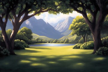 Poster - Serene Lakeside Mountain View, Sunny Day, Green Landscape, Background Design