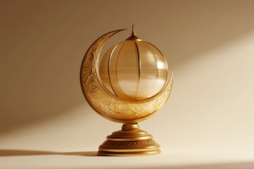 Ornate golden crescent moon globe on stand.