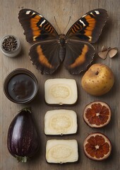 Wall Mural - Still life Butterfly, fruit, spices, wood