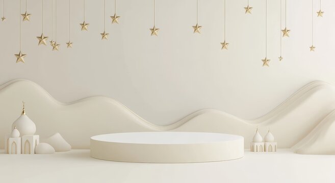 Elegant cream podium with golden stars and mosque silhouettes.