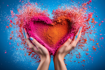 Wall Mural - A hand holding a heart made of sand. The sand is pink, orange, and blue. Concept of love and warmth