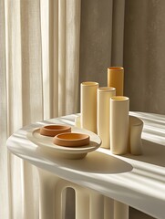 Wall Mural - Sunlight on ceramic vases & bowls, modern interior