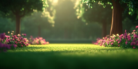 Wall Mural - Sunlit park, flowers, trees, grass.  Peaceful background, ideal for game design