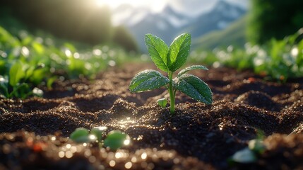 Canvas Print - Vibrant sunrise illuminating dewy green seedling in fertile soil