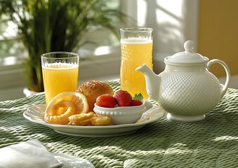 Canvas Print - Sunny breakfast tea, juice, pastries, fruit