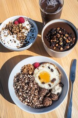 Canvas Print - Sunny cafe breakfast chocolate, egg, granola bowls