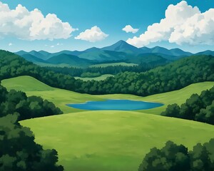 Poster - Sunny valley lake, mountain background, idyllic landscape, game design