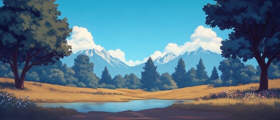 Poster - Sunny valley pond, mountain backdrop, game background