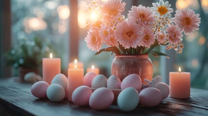 Sticker - Springtime easter eggs and pink flowers with candlelight at sunset