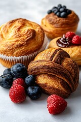 Canvas Print - Sweet pastries, berries, kitchen table, food photography