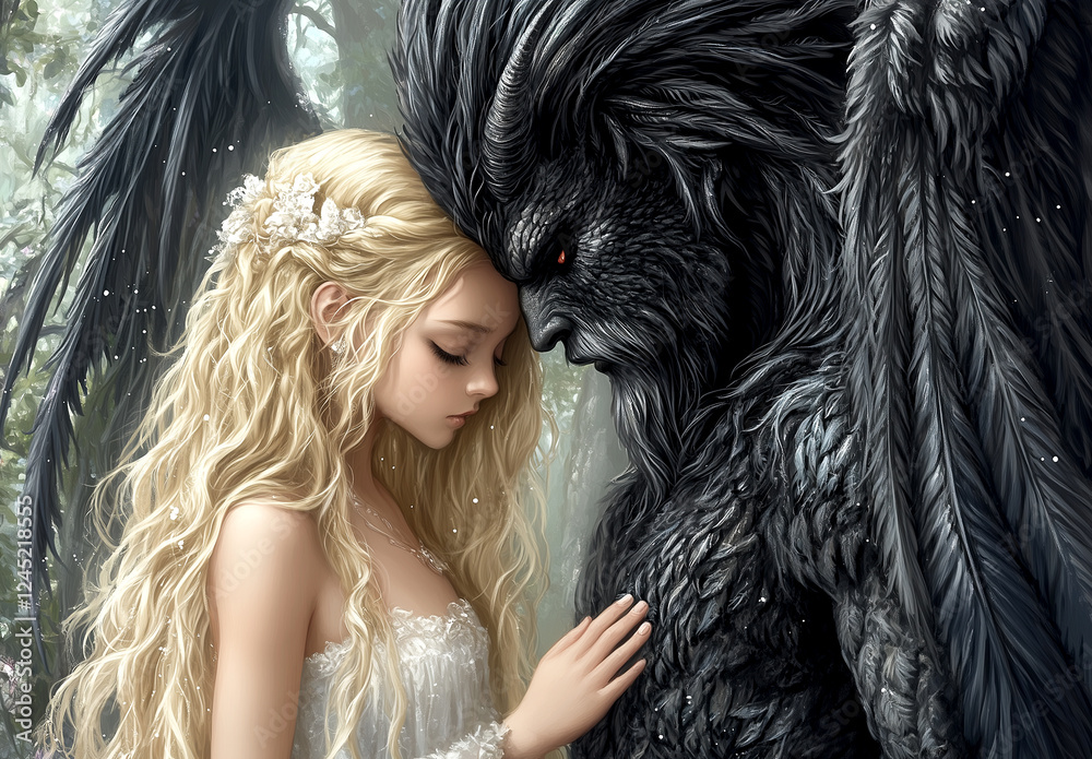 A woman and a monster are hugging each other. The woman is blonde and ...